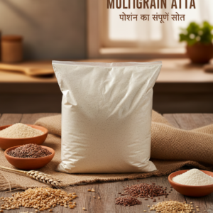 Multigrain atta flour pack with assorted grains displayed on wooden table