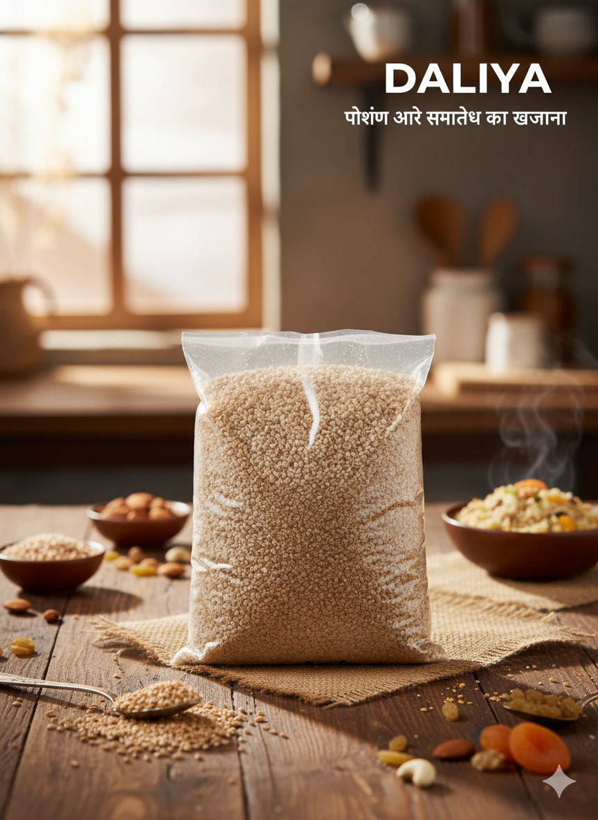 Pack of nutritious daliya (broken wheat) placed on wooden table with dry fruits and cooked porridge in background