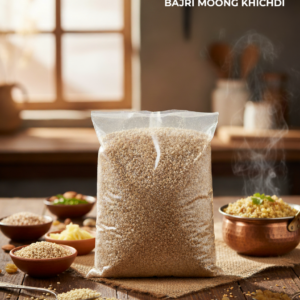 Pack of Bajri Moong Khichdi mix placed on wooden table with ingredients and a bowl of freshly cooked khichdi in background
