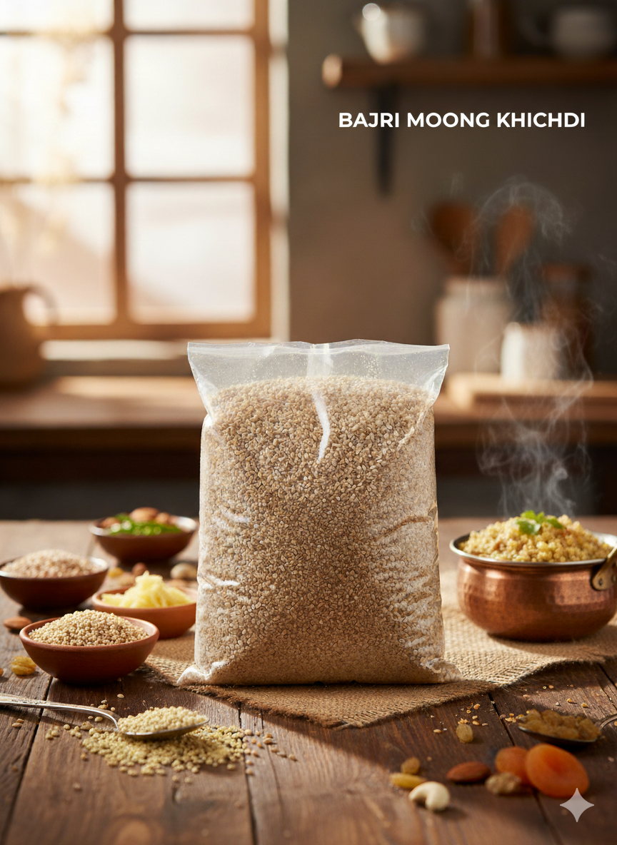 Pack of Bajri Moong Khichdi mix placed on wooden table with ingredients and a bowl of freshly cooked khichdi in background