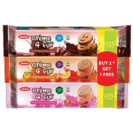 Dukes Creme 4 Fun sandwich biscuits combo pack chocolate orange strawberry Buy 2 Get 1 Free offer