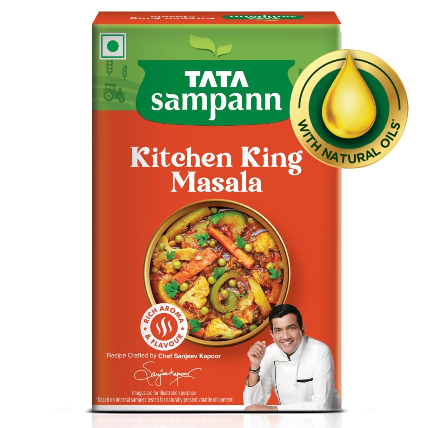 Tata Sampann Kitchen King Masala 100g pack with natural oils and Chef Sanjeev Kapoor image on front.