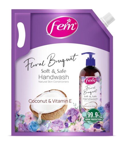 Fem Floral Bouquet Soft & Safe Handwash refill pouch 1.5L with Coconut & Vitamin E and 99.9% germ protection