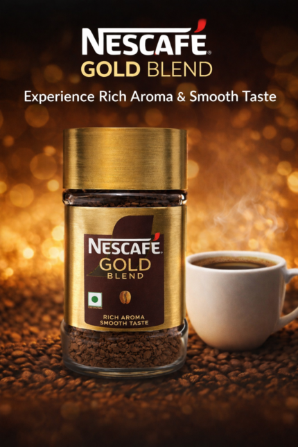 Nescafé Gold Blend instant coffee jar with rich aroma and smooth taste poster