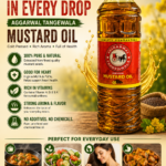 Tangewala Premium Mustard Oil ki 1 liter plastic bottle, peele cap ke saath table par rakhi hui. Bottle par laal aur peele rang ka label laga hai aur sarson ke tel ka gahra sunahra rang dikhai de raha hai.
