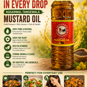Tangewala Premium Mustard Oil ki 1 liter plastic bottle, peele cap ke saath table par rakhi hui. Bottle par laal aur peele rang ka label laga hai aur sarson ke tel ka gahra sunahra rang dikhai de raha hai.