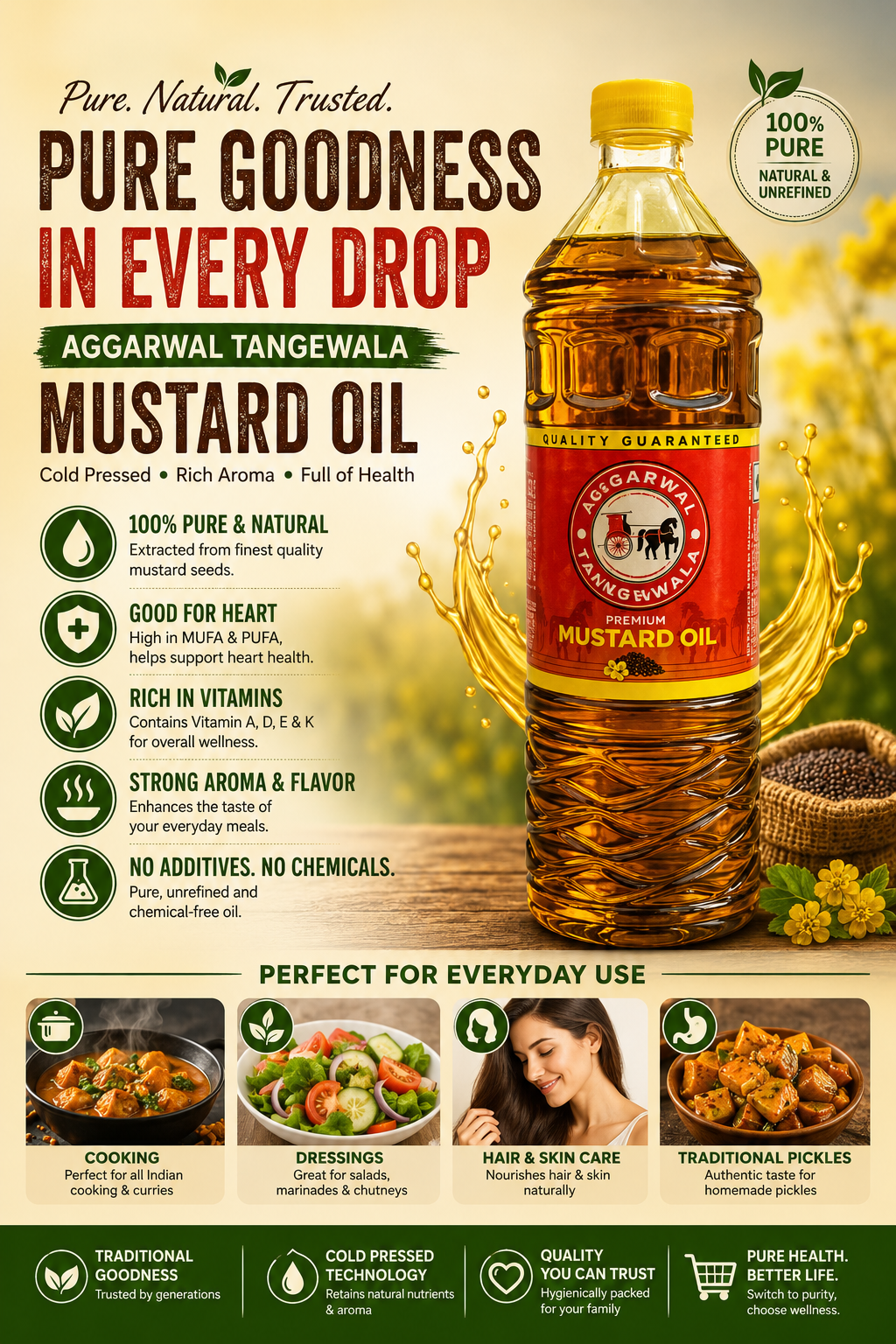 Tangewala Premium Mustard Oil ki 1 liter plastic bottle, peele cap ke saath table par rakhi hui. Bottle par laal aur peele rang ka label laga hai aur sarson ke tel ka gahra sunahra rang dikhai de raha hai.