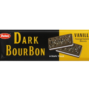 Dukes Dark Bourbon vanilla flavored sandwich biscuits pack front view