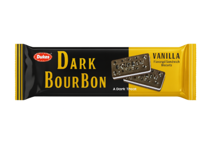 Dukes Dark Bourbon vanilla flavored sandwich biscuits pack front view