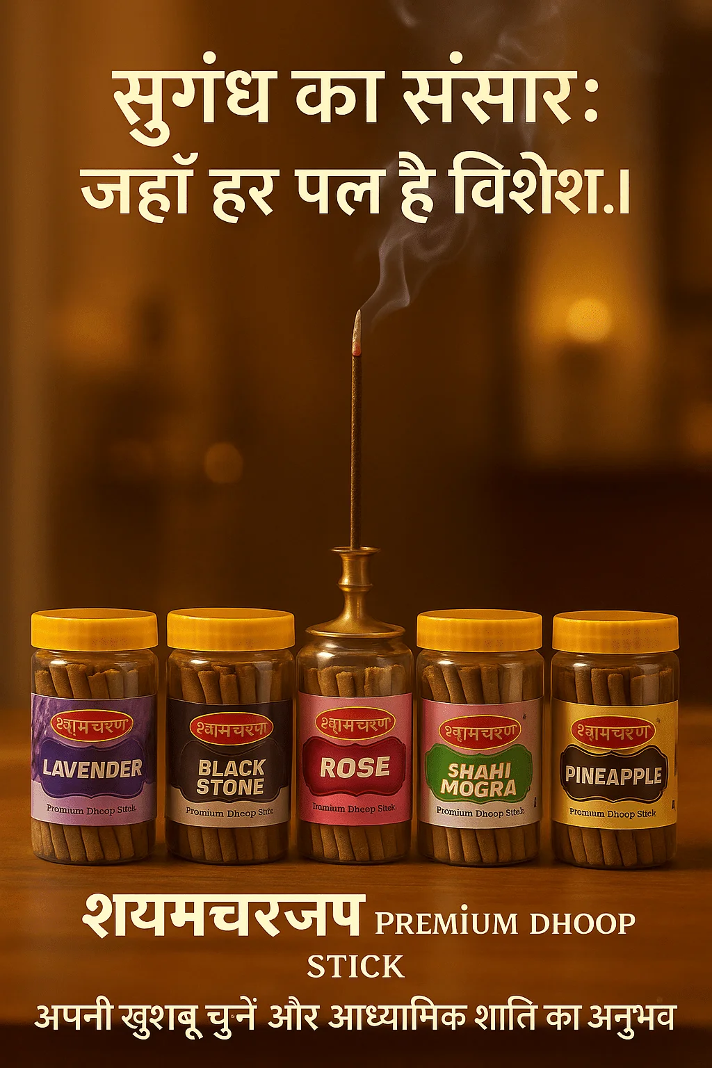 Shyam Charan Premium Dhoop Stick jars in Lavender, Black Stone, Rose, Shahi Mogra and Pineapple fragrance with incense smoke background