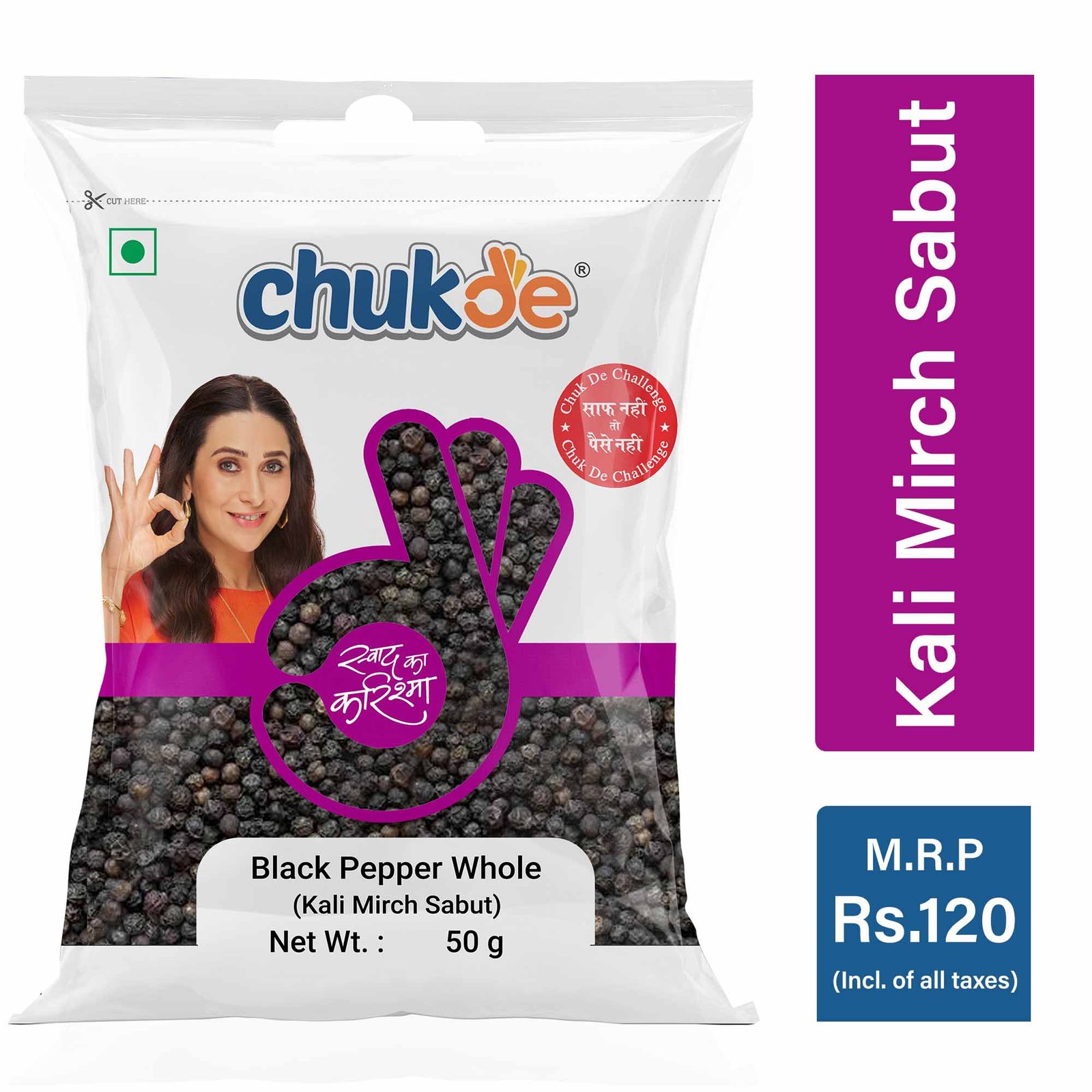 Chukde Black Pepper Whole (Kali Mirch Sabut) 50g pack with premium whole black peppercorns.