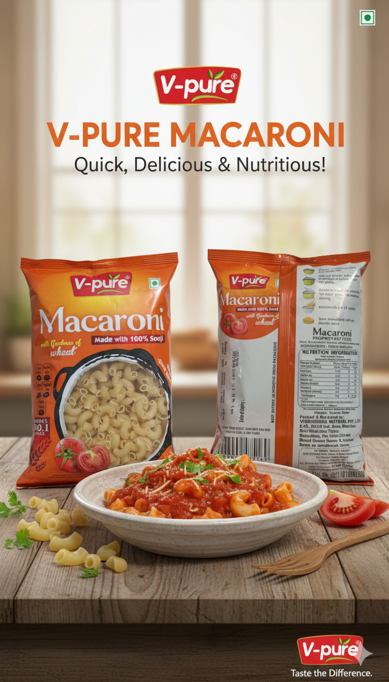 V-Pure Macaroni made with 100% sooji packs with cooked macaroni in tomato sauce