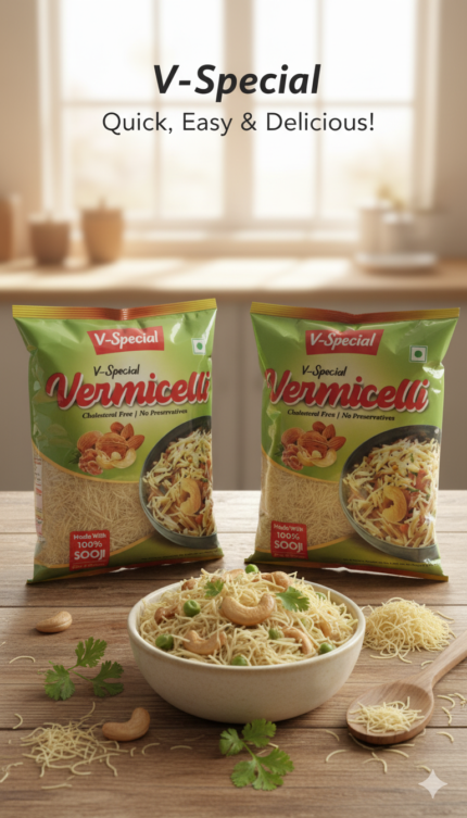 V-Special Vermicelli sooji noodles packs with prepared vermicelli dish in bowl