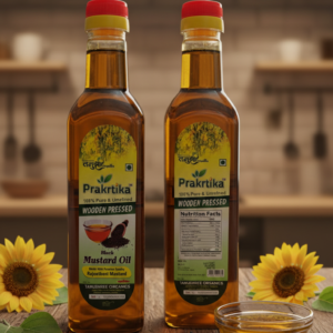 Prakritika Wooden Pressed Black Mustard Oil bottles on wooden table with mustard seeds and sunflowers