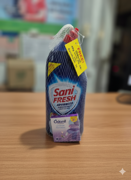 Sani Fresh Advanced Disinfectant floor cleanser bottle with free Odonil Lavender Air Freshener pack