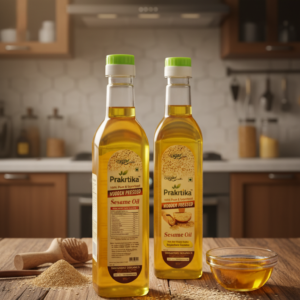 Prakritika Wooden Pressed Sesame Oil bottles placed on wooden table with sesame seeds and oil bowl in kitchen background