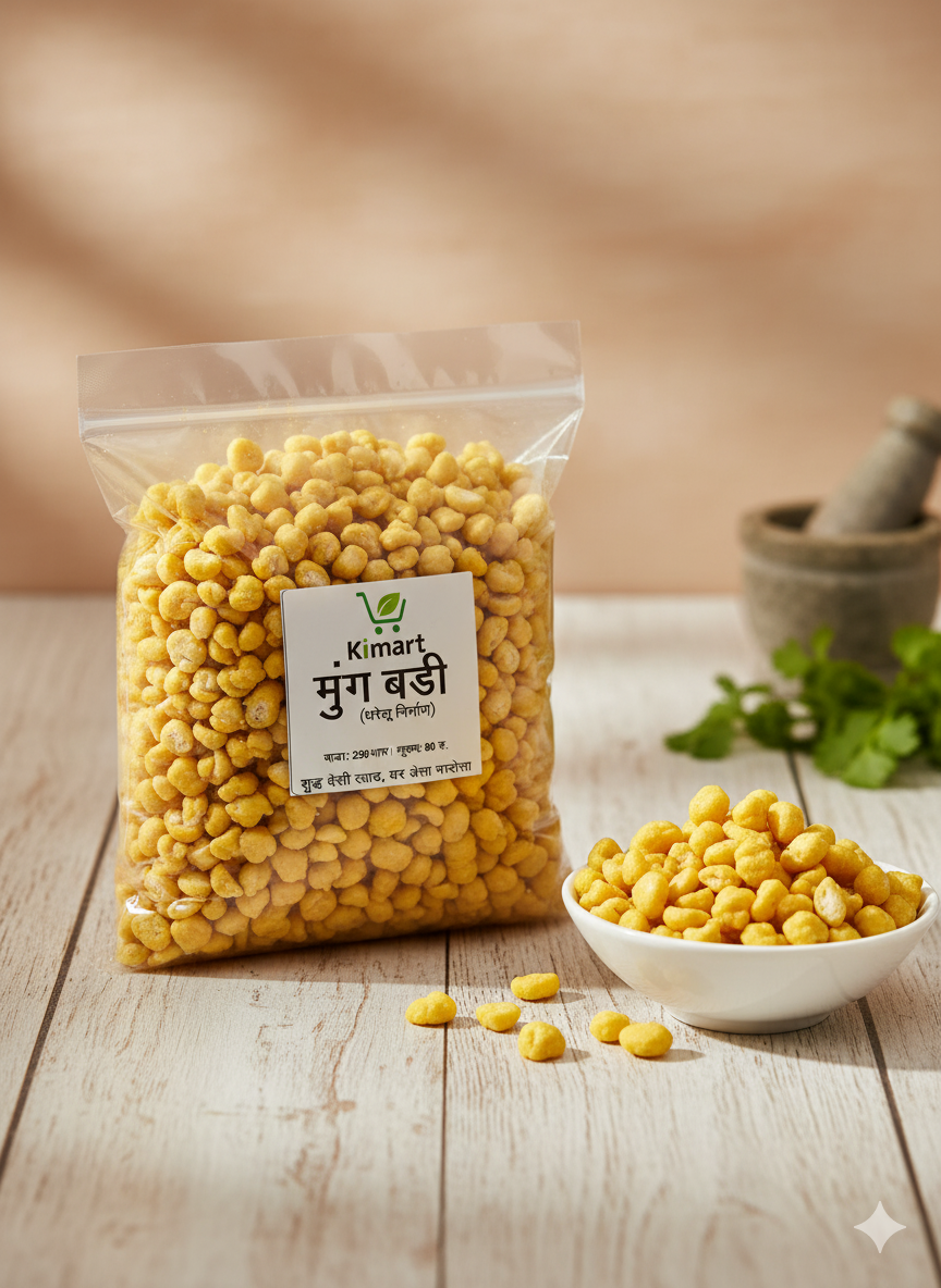 Kimart Moong Badi (Crispy Fried Moong Nuggets) 500g transparent pouch placed on wooden table with serving bowl