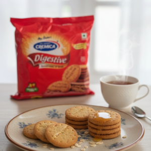 Cremica Digestive biscuits served on a plate with honey drizzle and tea cup, pack visible in background