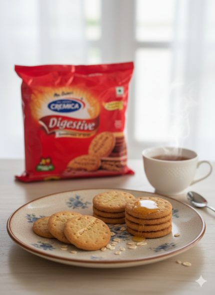 Cremica Digestive biscuits served on a plate with honey drizzle and tea cup, pack visible in background