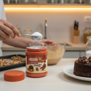 Everplus Baking Powder jar placed on kitchen counter with chocolate cake, cookies, and baking ingredients while adding baking powder to batter.