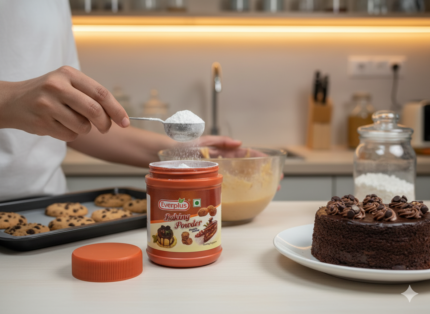 Everplus Baking Powder jar placed on kitchen counter with chocolate cake, cookies, and baking ingredients while adding baking powder to batter.