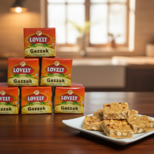Stacked boxes of Lovely Chikki Gazzak placed on table with peanut gazzak pieces served on a white plate.