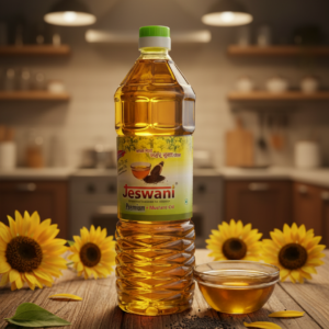 Jeswani Premium Mustard Oil bottle placed on wooden table with sunflowers and small bowl of mustard oil in kitchen background