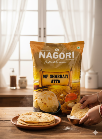 Nagori Flour Mills MP Sharbati Atta pack placed on kitchen table with fresh rotis and wheat flour bowl
