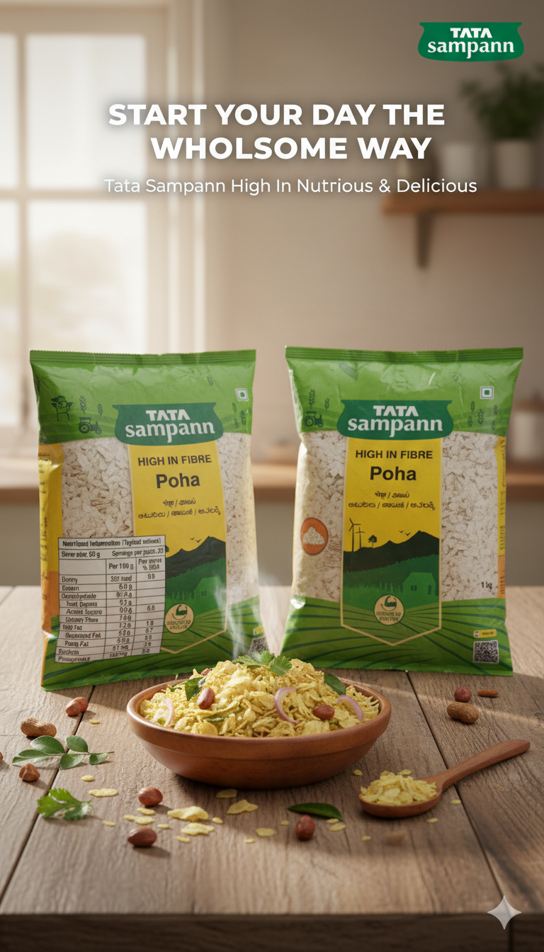 Tata Sampann High in Fibre Poha packs displayed on kitchen table with prepared poha bowl in front