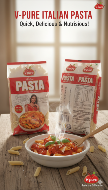 V-Pure Italian Pasta wheat pasta packs displayed with prepared pasta bowl on wooden table