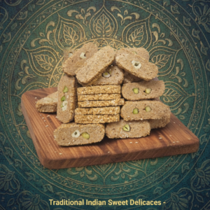 Traditional dry fruit gachak sweet with pistachio pieces stacked on wooden board