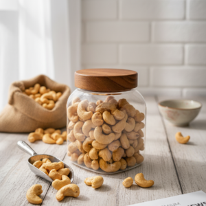 Kimart Premium Whole Cashews 300g jar placed on wooden table