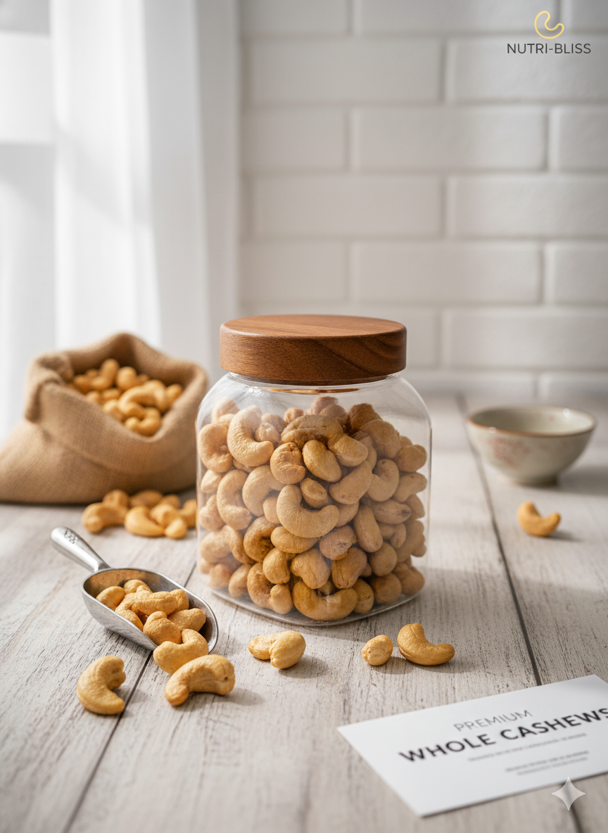 Kimart Premium Whole Cashews 300g jar placed on wooden table