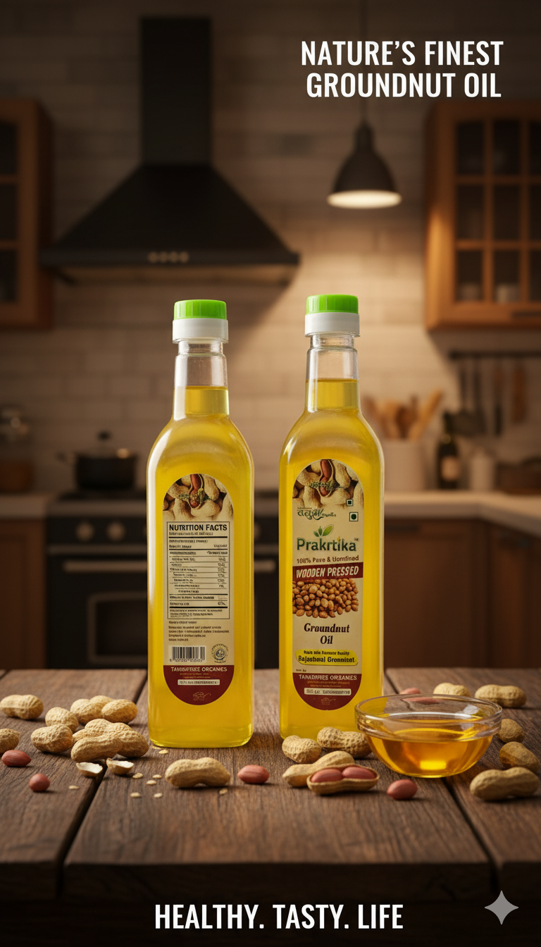 Prakritika Wooden Pressed Groundnut Oil bottles displayed on kitchen table with peanuts and oil bowl