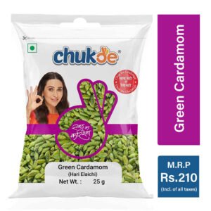Chukde Green Cardamom (Hari Elaichi) 25g pouch with MRP Rs.210 printed on the side.