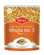 Front and back view of Bikaji Special Soft Bikaneri Bhujia No. 3 namkeen snack pouch (orange pack) with nutrition facts and ingredients details.