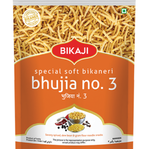 Front and back view of Bikaji Special Soft Bikaneri Bhujia No. 3 namkeen snack pouch (orange pack) with nutrition facts and ingredients details.