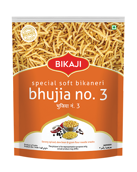 Front and back view of Bikaji Special Soft Bikaneri Bhujia No. 3 namkeen snack pouch (orange pack) with nutrition facts and ingredients details.