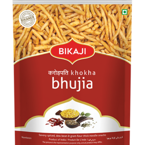 Front view of Bikaji Karodpati Khokha Bhujia namkeen pouch (red pack) showing thick gram flour noodles with traditional spices.