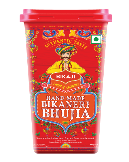 Bikaji Hand-Made Bikaneri Bhujia cup pack front and back view with ingredients and nutritional details