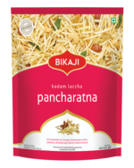Bikaji Badam Laccha Pancharatna namkeen pouch – front and back pack images with nutrition facts and ingredients details.