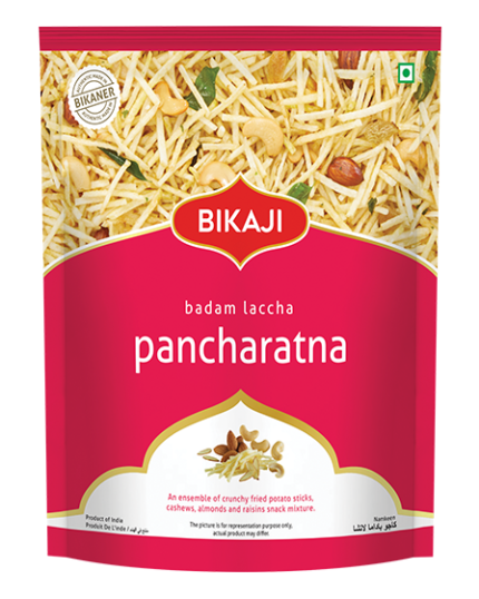 Bikaji Badam Laccha Pancharatna namkeen pouch – front and back pack images with nutrition facts and ingredients details.