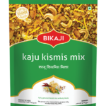 Bikaji Kaju Kismis Mix namkeen pouch with cashews and raisins (front & back pack design)