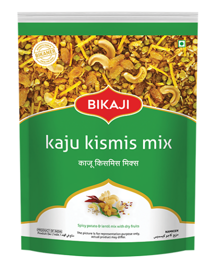 Bikaji Kaju Kismis Mix namkeen pouch with cashews and raisins (front & back pack design)