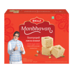 Bikaji Manbhavan Soanpapdi 500g box front and back view with pista and almond flavored flaky sweet pieces
