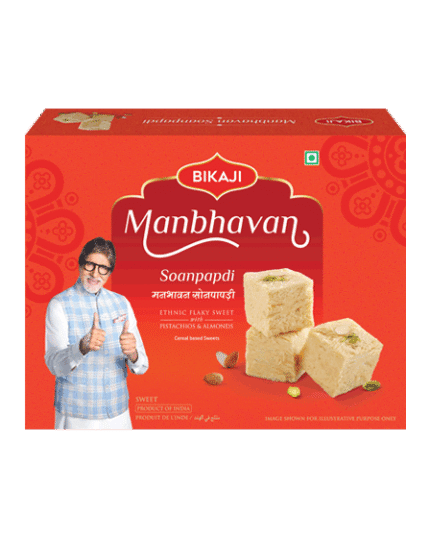 Bikaji Manbhavan Soanpapdi 500g box front and back view with pista and almond flavored flaky sweet pieces
