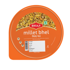 Bikaji Millet Bhel 90g ready-to-eat snack cup with orange lid packaging.
