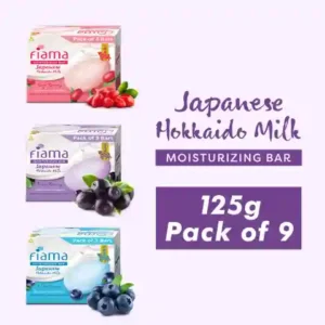Fiama Japanese Hokkaido Milk Moisturizing Bar 125g Pack of 9 with Cherry Blossom, Plum Blossom and Blueberry variants