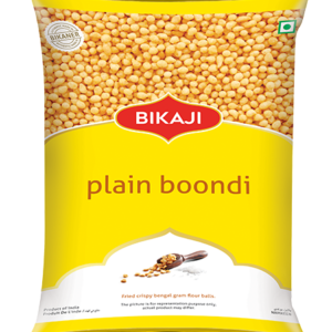 Bikaji Plain Boondi 200g pack – crispy fried gram flour pearls snack (front & back view)