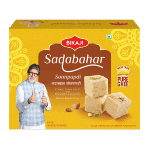 Bikaji Sadabahar Soanpapdi 500g box made with pure ghee, garnished with pistachios and almonds.